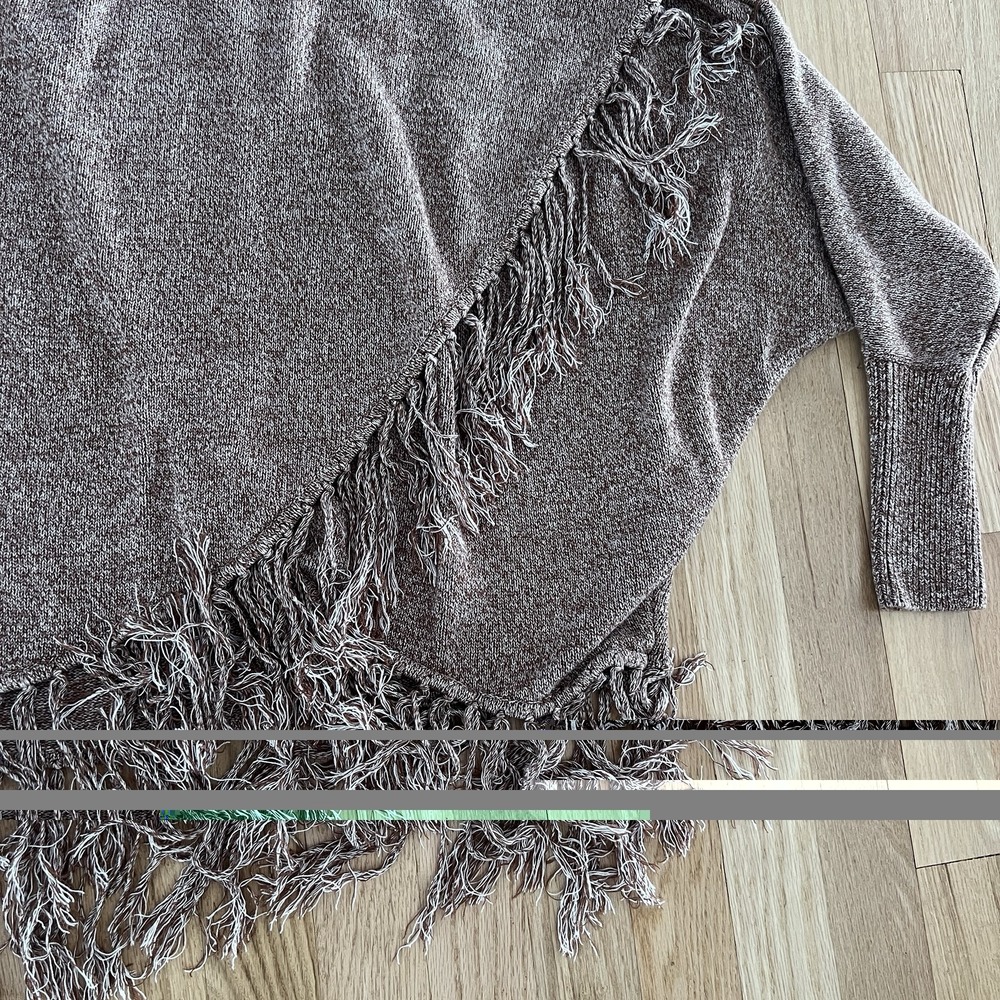 Fringe Poncho Sweater Asymmetrical Turtleneck Boho Knit Brown Womens M - Picture 2 of 7